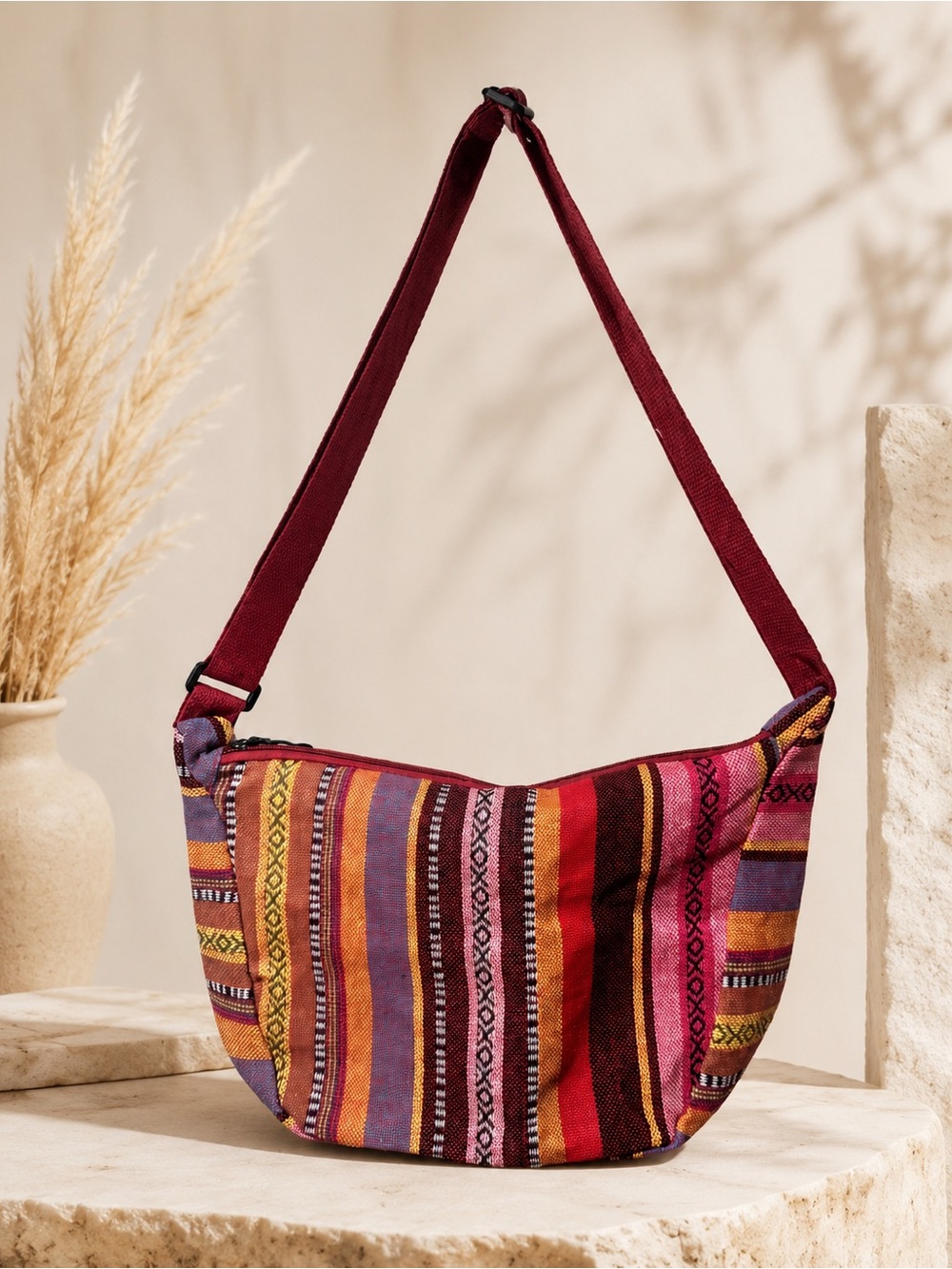 Women's Boho Striped Shoulder Bag - Maroon Multi